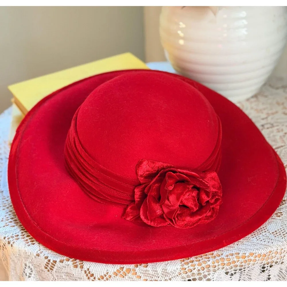 Vintage Red Wool Cloche Hat | Marshall Field’s Scala Wide Brim Floral Accent